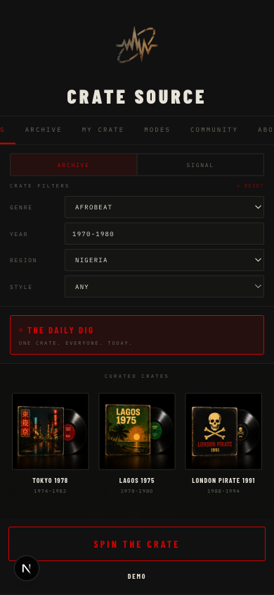 Crate Source — the dig screen with genre, year and region filters, the Daily Dig, and curated crates