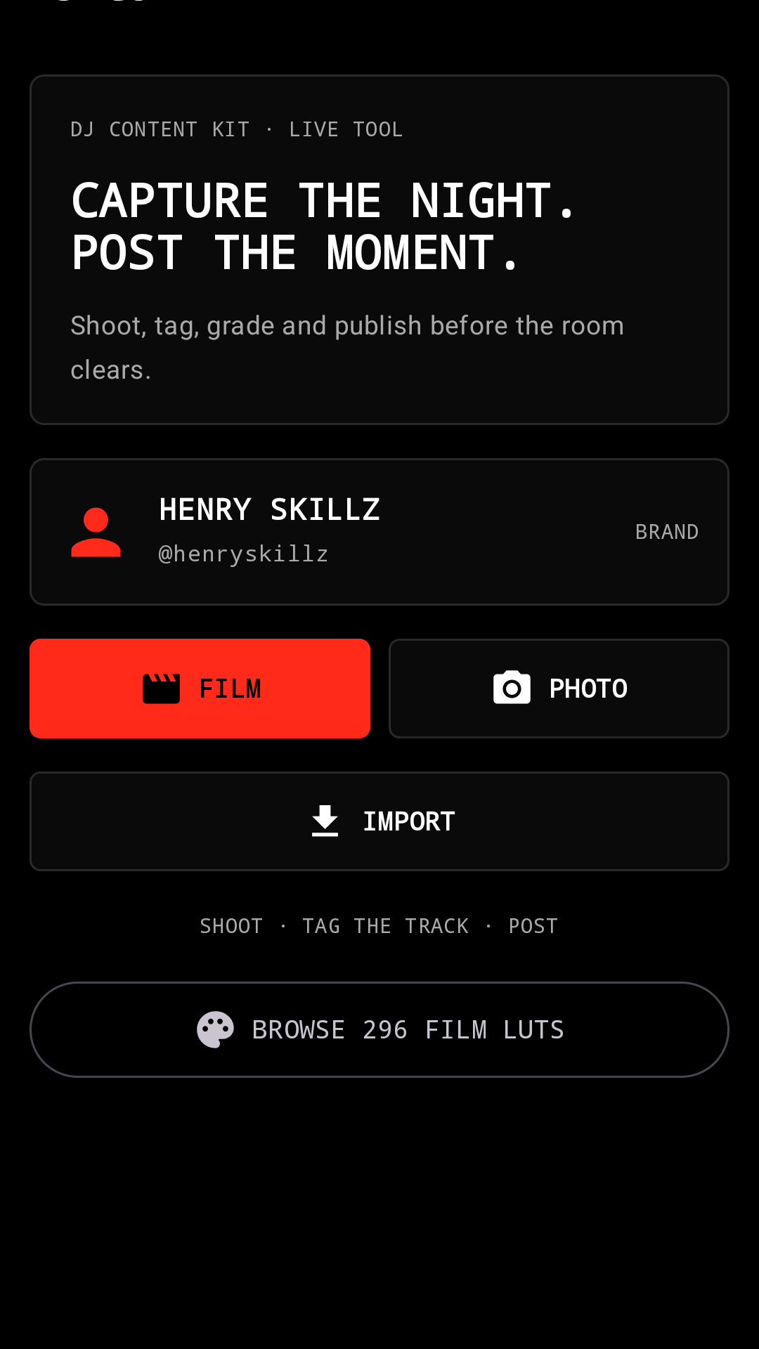 DJ Content Kit — the capture screen with Film, Photo and Import modes and a film LUT browser